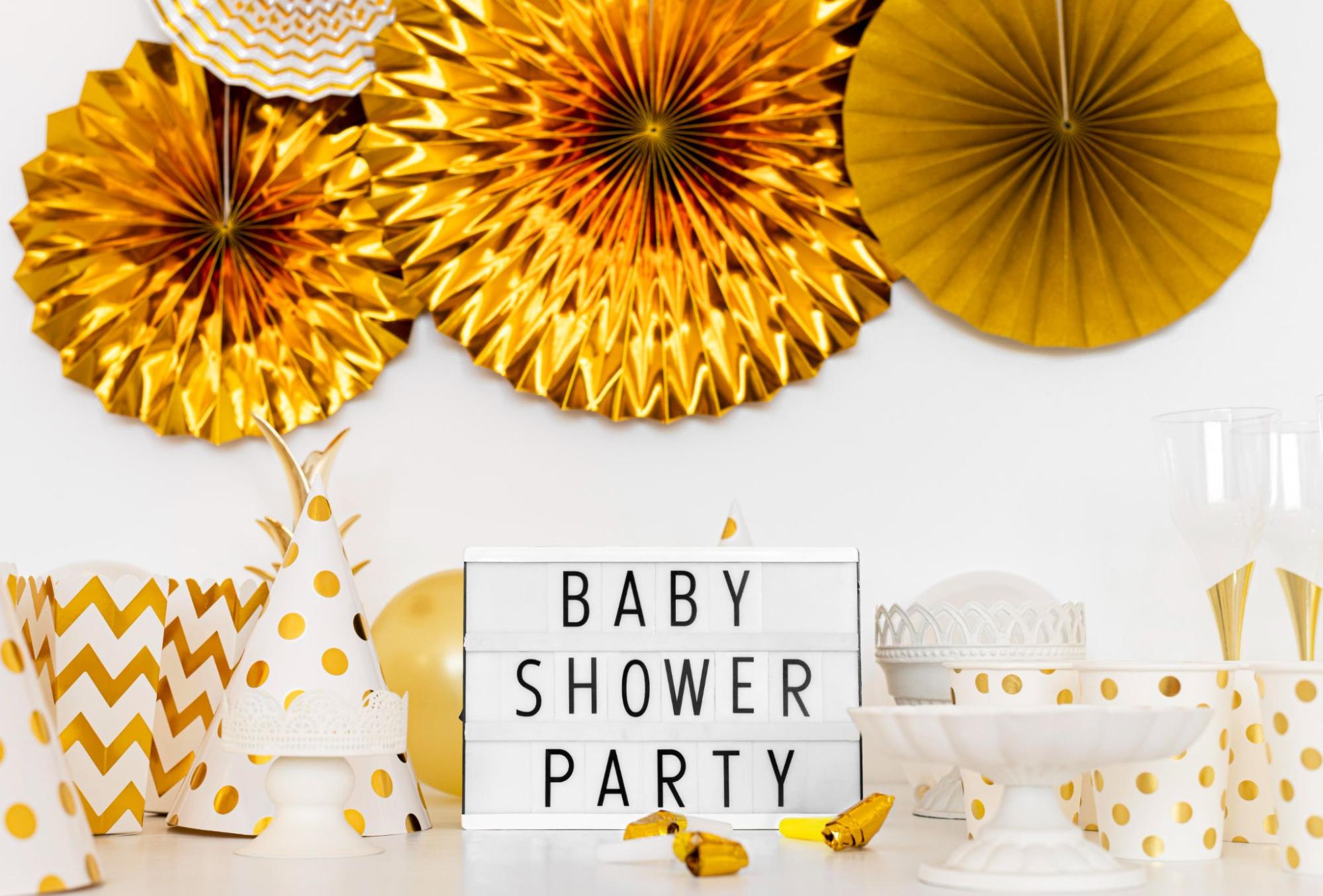 White and gold baby shop shower ideas