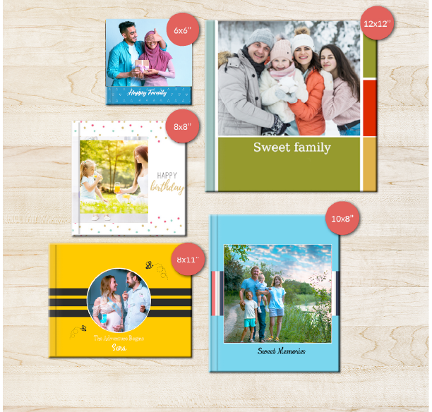 Custom photo books in Qatar with multiple sizes for family, birthday, and wedding gifts in Doha