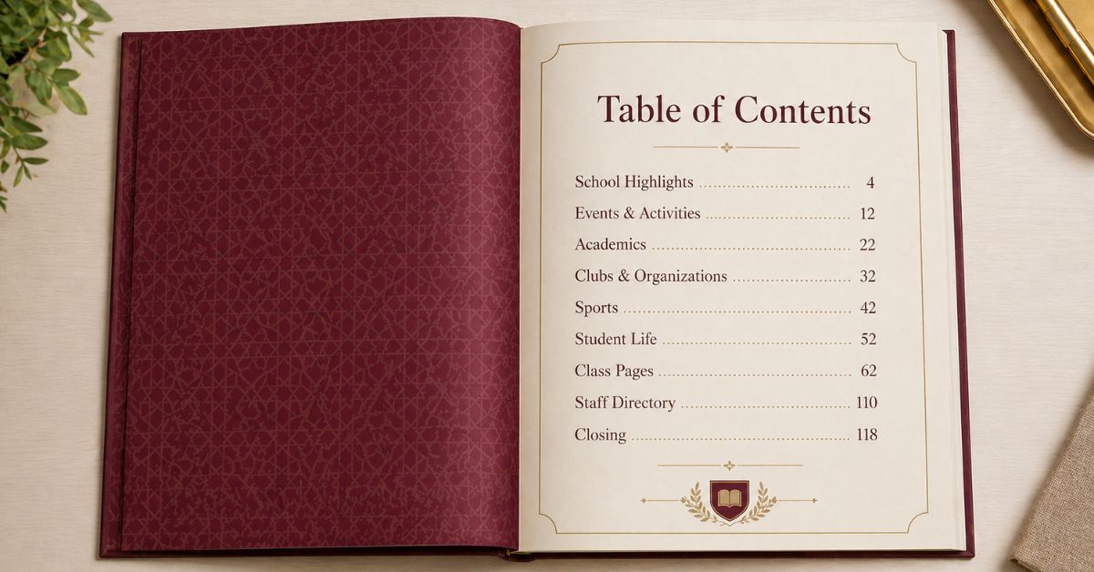 School yearbook Qatar cover design with creative theme and school branding