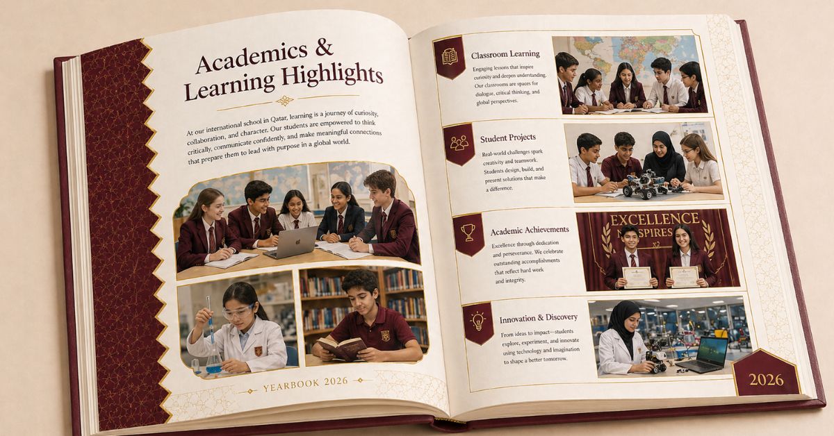 Academic achievements and classroom activities featured in a school yearbook Qatar