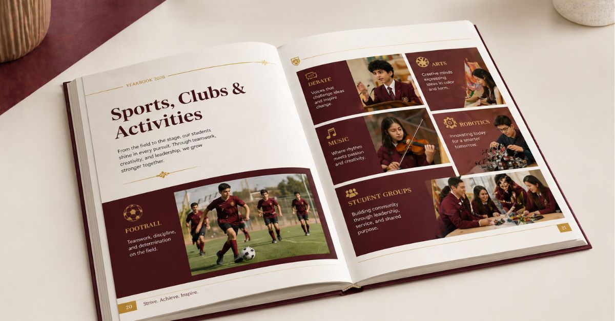 Sports teams and extracurricular activities in a Qatar school yearbook