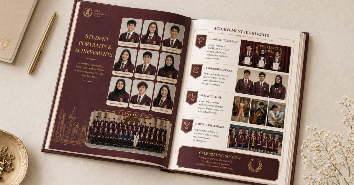 Student portraits and class group photos in a Qatar school yearbook