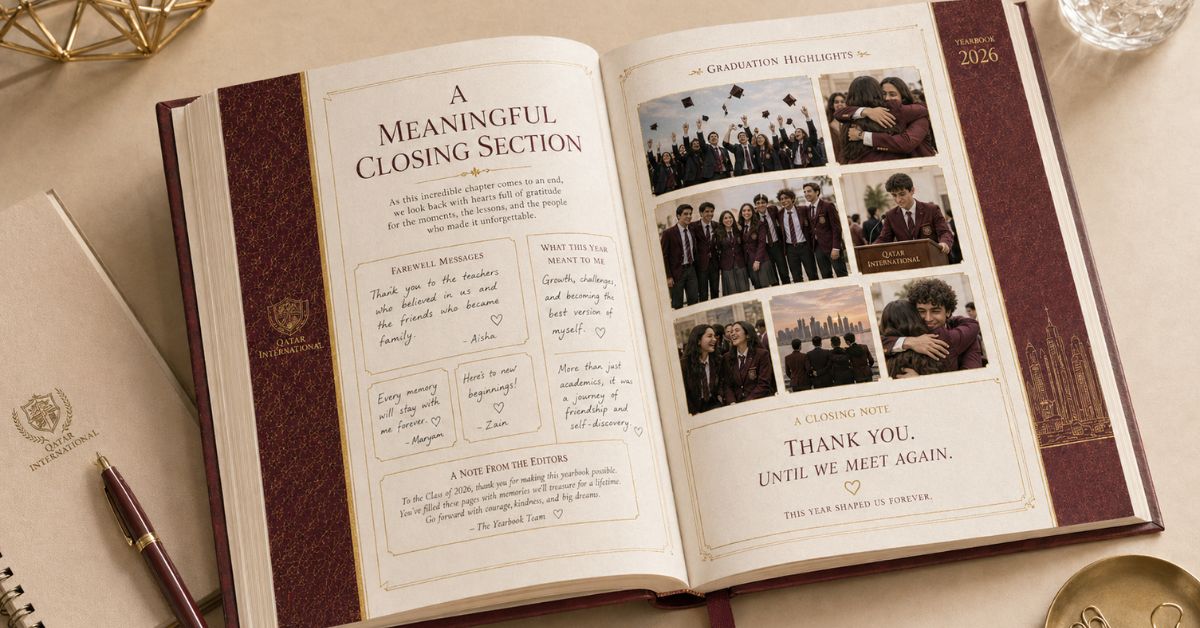 Graduation and farewell messages in a school yearbook Qatar closing page