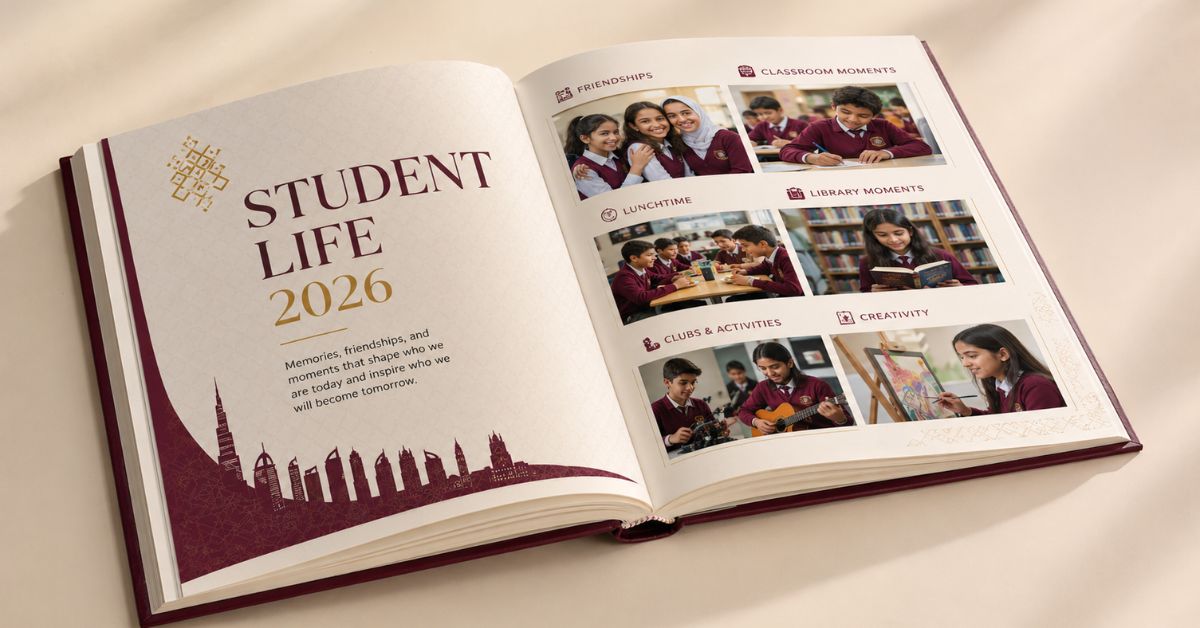 Student life moments in a school yearbook Qatar showing diverse friendships and daily activities